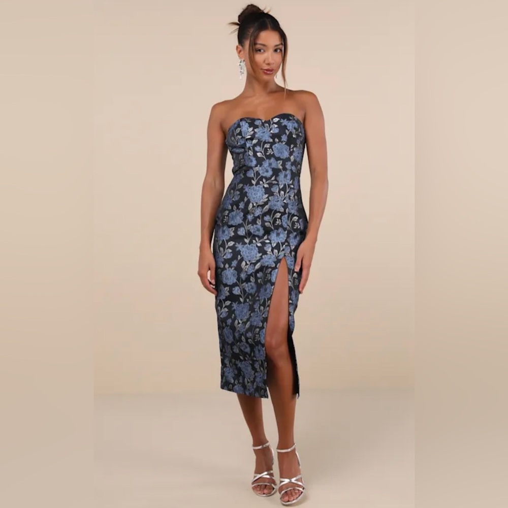 Lulus Beloved Belle Black Strapless Jacquard Bow Midi Dress XS NWT